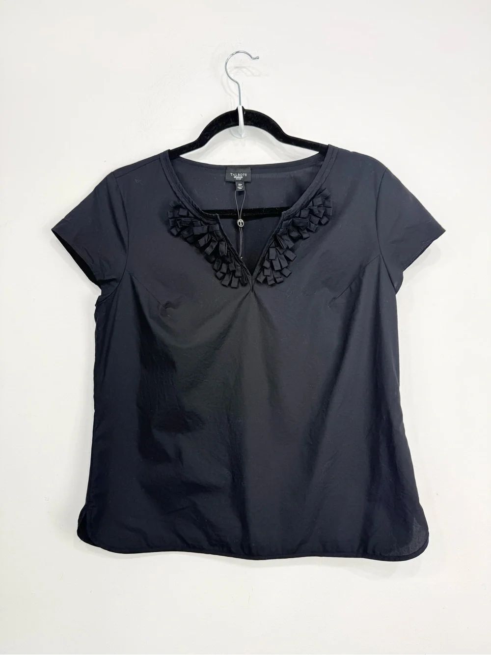 Talbots Black Cotton Blend Cap Sleeve Loop Trim V Neck Pullover Top